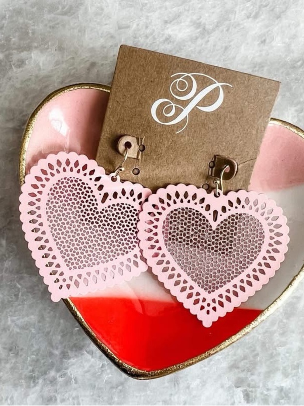 Plunder Design Amore Pink Doily Heart Lace Drop Earrings 2” drop